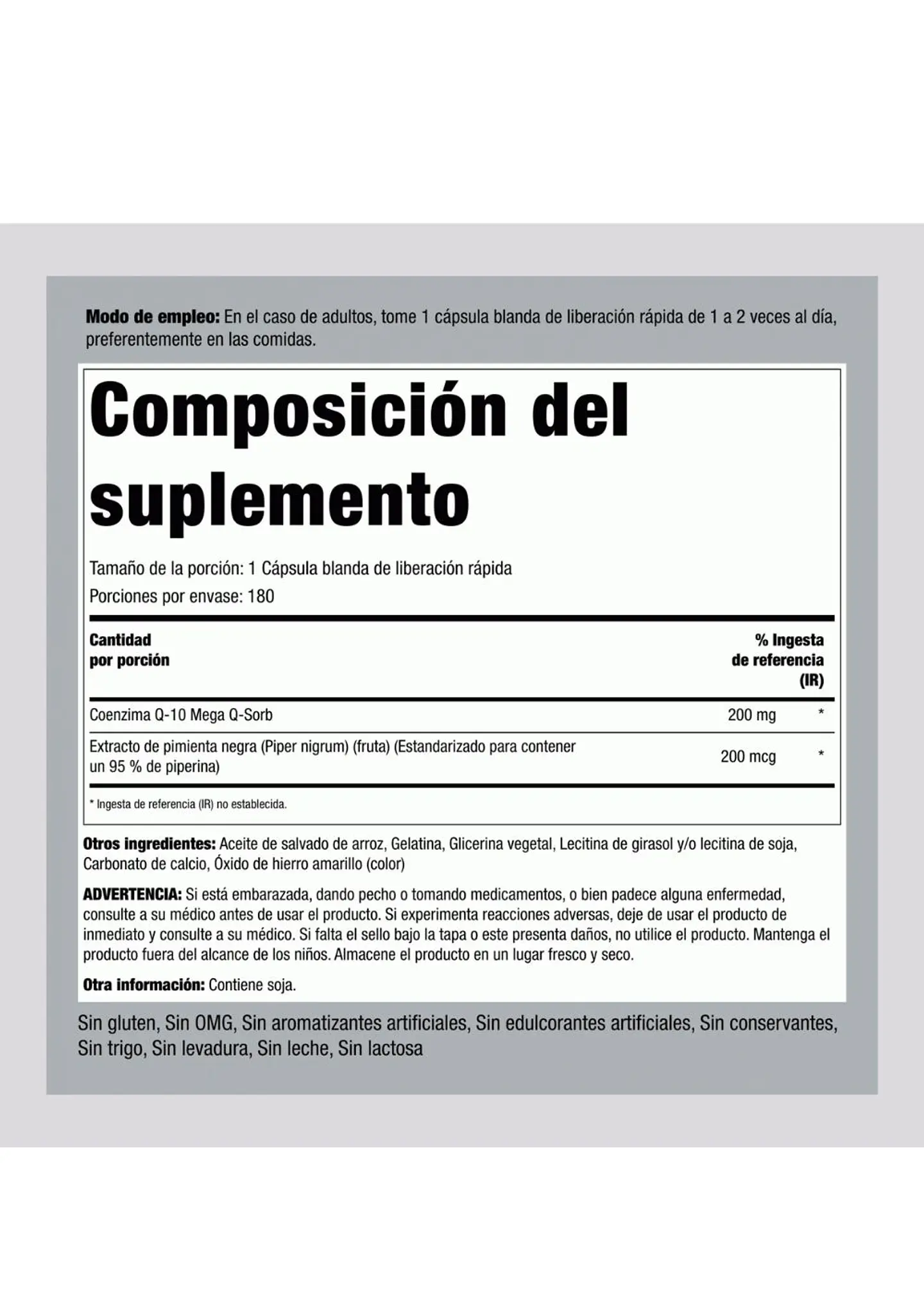 Coenzima CoQ-10 Piping Rock 200 mg 180 Cápsulas | Energía Celular y Salud Cardiovascular | Alta Potencia | Colombia 4