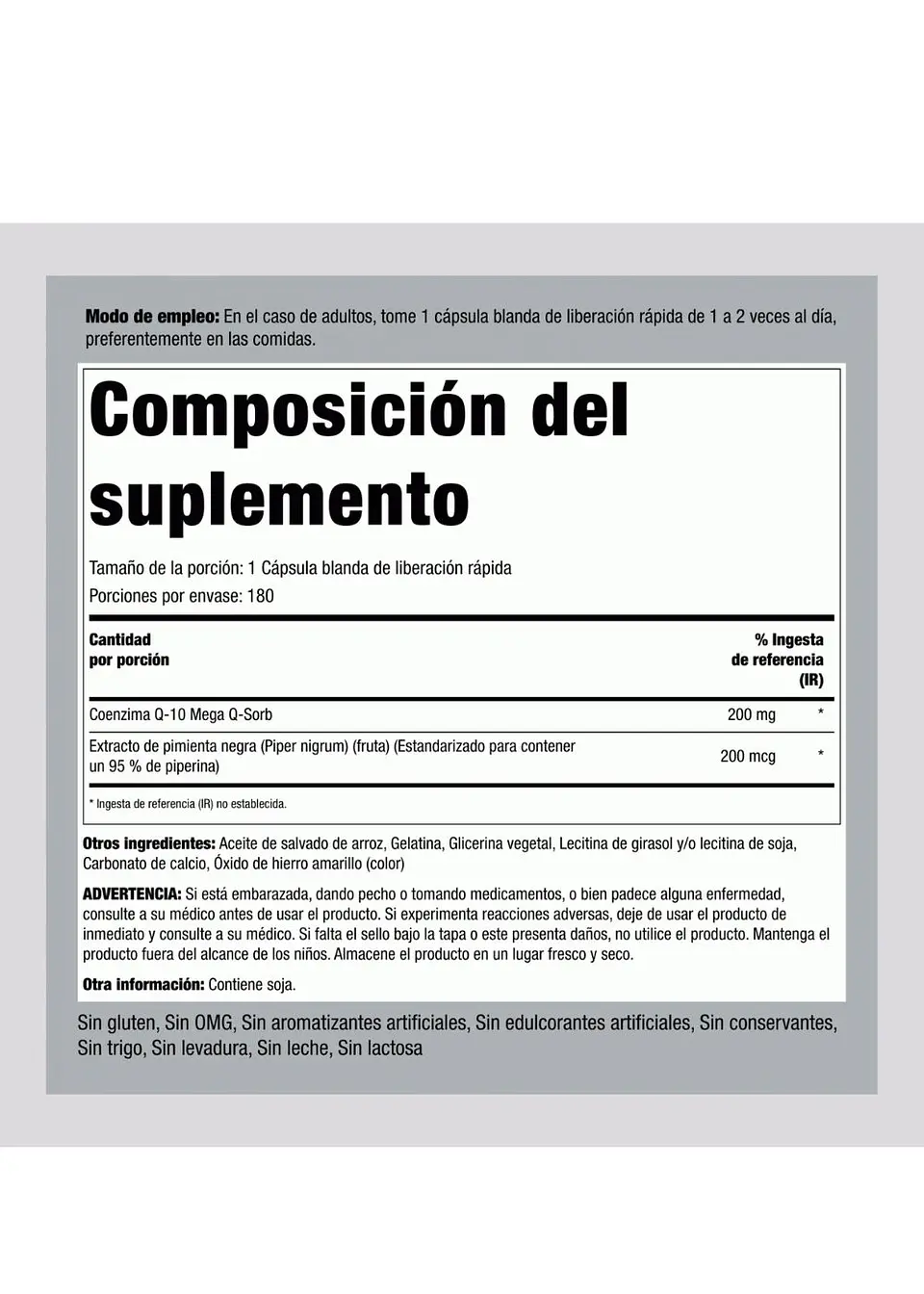 Coenzima CoQ-10 Piping Rock 200 mg 180 Cápsulas | Energía Celular y Salud Cardiovascular | Alta Potencia | Colombia 4