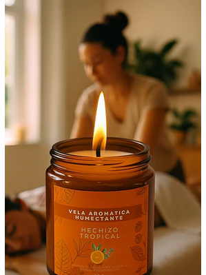 Vela Aromática Humectante Natural con Aceites Esenciales de Naranja, Eucalipto y Limonaria | Doble Propósito: Aroma & Hidratación 100g | Cera de Soya, Coco y Karité | Sin Fragancias Sintéticas | Colom