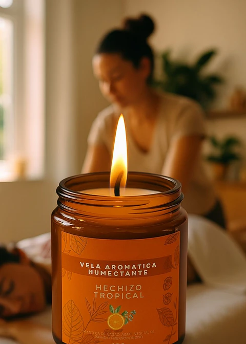Vela Aromática Humectante Natural con Aceites Esenciales de Naranja, Eucalipto y Limonaria | Doble Propósito: Aroma & Hidratación 100g | Cera de Soya, Coco y Karité | Sin Fragancias Sintéticas | Colom