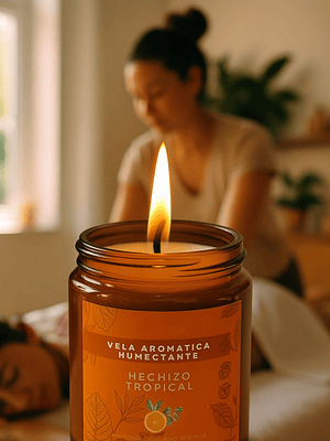 Vela Aromática Humectante Natural con Aceites Esenciales de Naranja, Eucalipto y Limonaria | Doble Propósito: Aroma & Hidratación 100g | Cera de Soya, Coco y Karité | Sin Fragancias Sintéticas | Colom