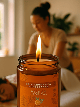 Vela Aromática Humectante Natural con Aceites Esenciales de Naranja, Eucalipto y Limonaria | Doble Propósito: Aroma & Hidratación 100g | Cera de Soya, Coco y Karité | Sin Fragancias Sintéticas | Colom