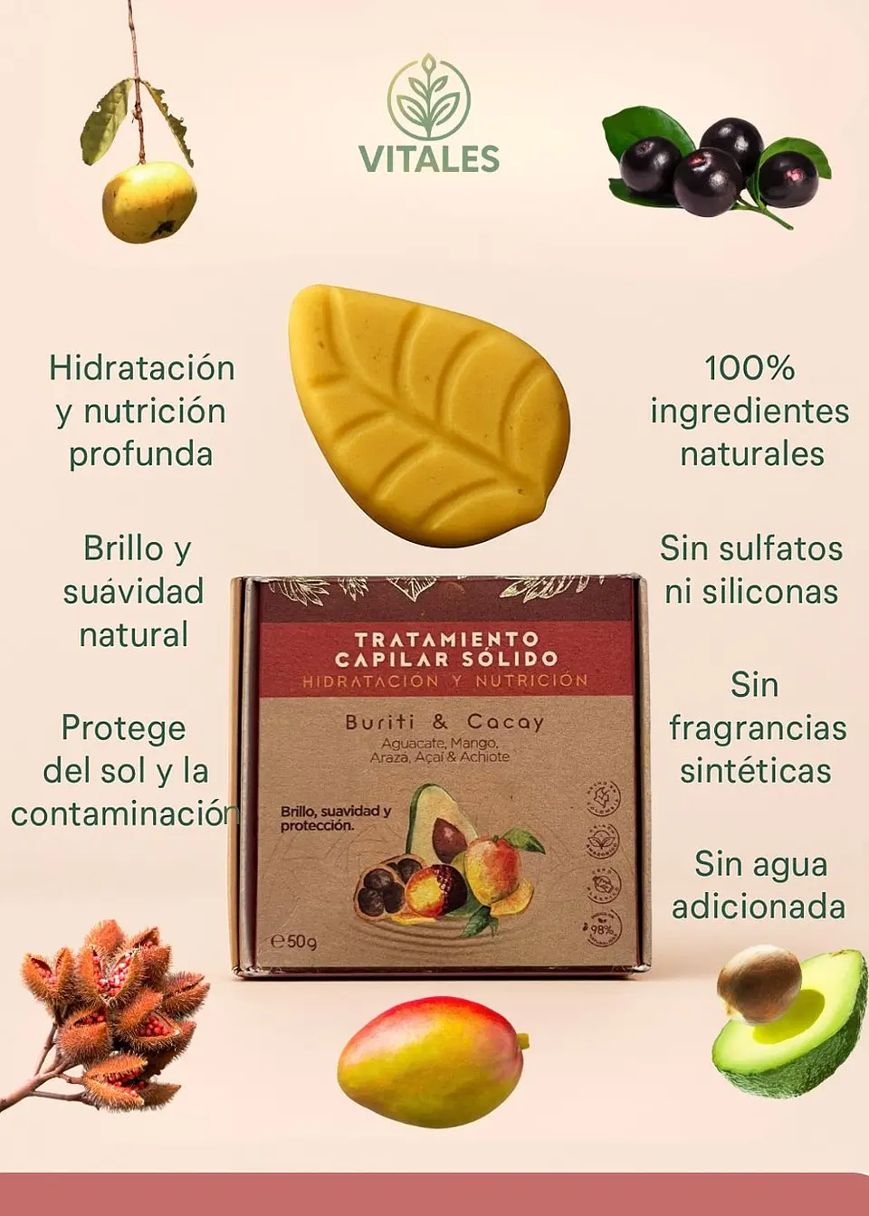 Tratamiento Capilar Sólido Hidratación y Nutrición con burití, açaí, arazá, mango, achiote y mango 50g | Natural, Sin Agua y Eco-friendly | Colombia 3