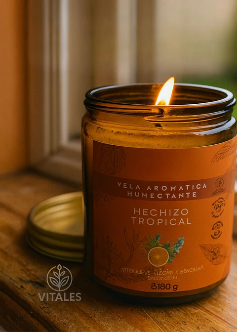 Vela Aromática Humectante Natural con Aceites Esenciales de Naranja, Eucalipto y Limonaria | Doble Propósito: Aroma & Hidratación 180g | Cera de Soya, Coco y Karité | Colombia