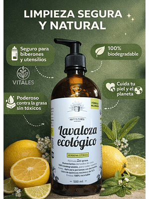 Lavaloza Ecológico Verbena Cítrica 500ml $50 por ml | Seguro para Biberones | Anti-grasa | 100% Biodegradable