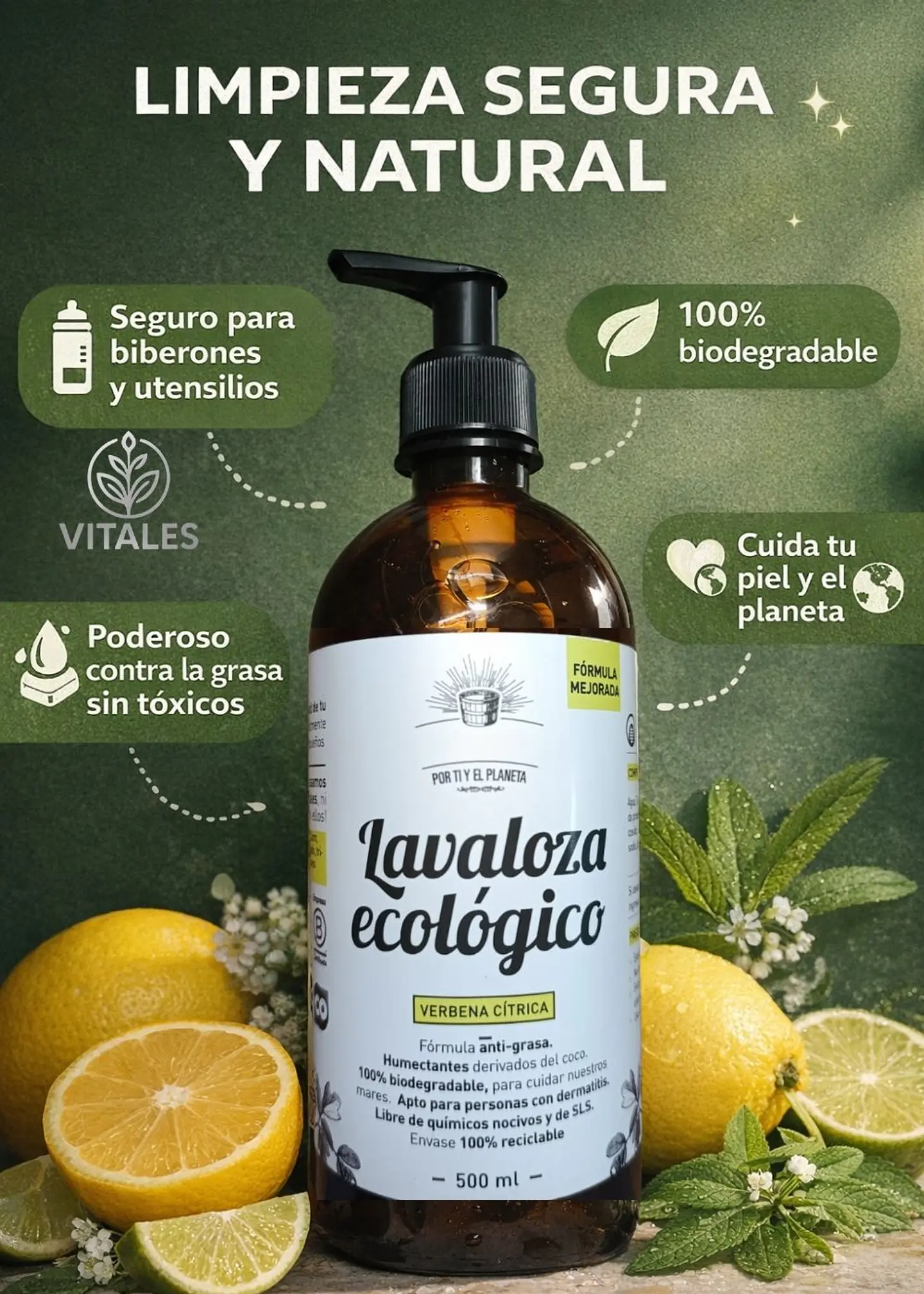 Lavaloza Ecológico Verbena Cítrica 500ml $50 por ml | Seguro para Biberones | Anti-grasa | 100% Biodegradable 2