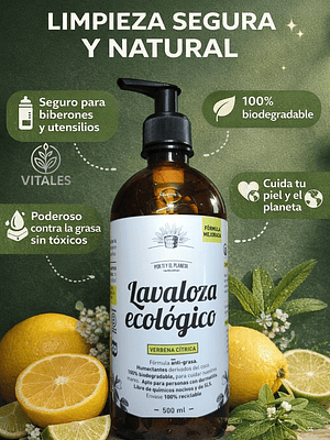 Lavaloza Ecológico Verbena Cítrica 500ml $50 por ml | Seguro para Biberones | Anti-grasa | 100% Biodegradable