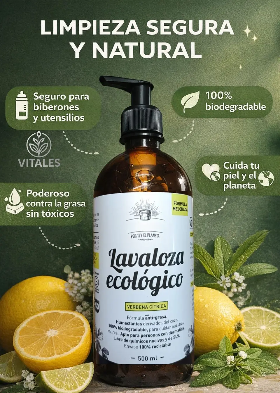 Lavaloza Ecológico Verbena Cítrica 500ml $50 por ml | Seguro para Biberones | Anti-grasa | 100% Biodegradable 2