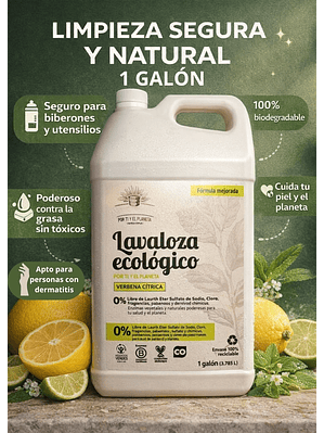 Lavaloza Ecológico Verbena Cítrica 1 Galón (3,785 L)  $24 por ml | Mayor Ahorro y Rendimiento | Seguro para Biberones | Anti-grasa | 100% Biodegradable
