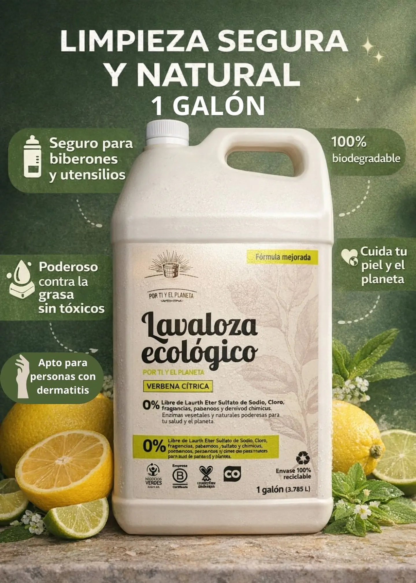 Lavaloza Ecológico Verbena Cítrica 1 Galón (3,785 L)  $24 por ml | Mayor Ahorro y Rendimiento | Seguro para Biberones | Anti-grasa | 100% Biodegradable 2