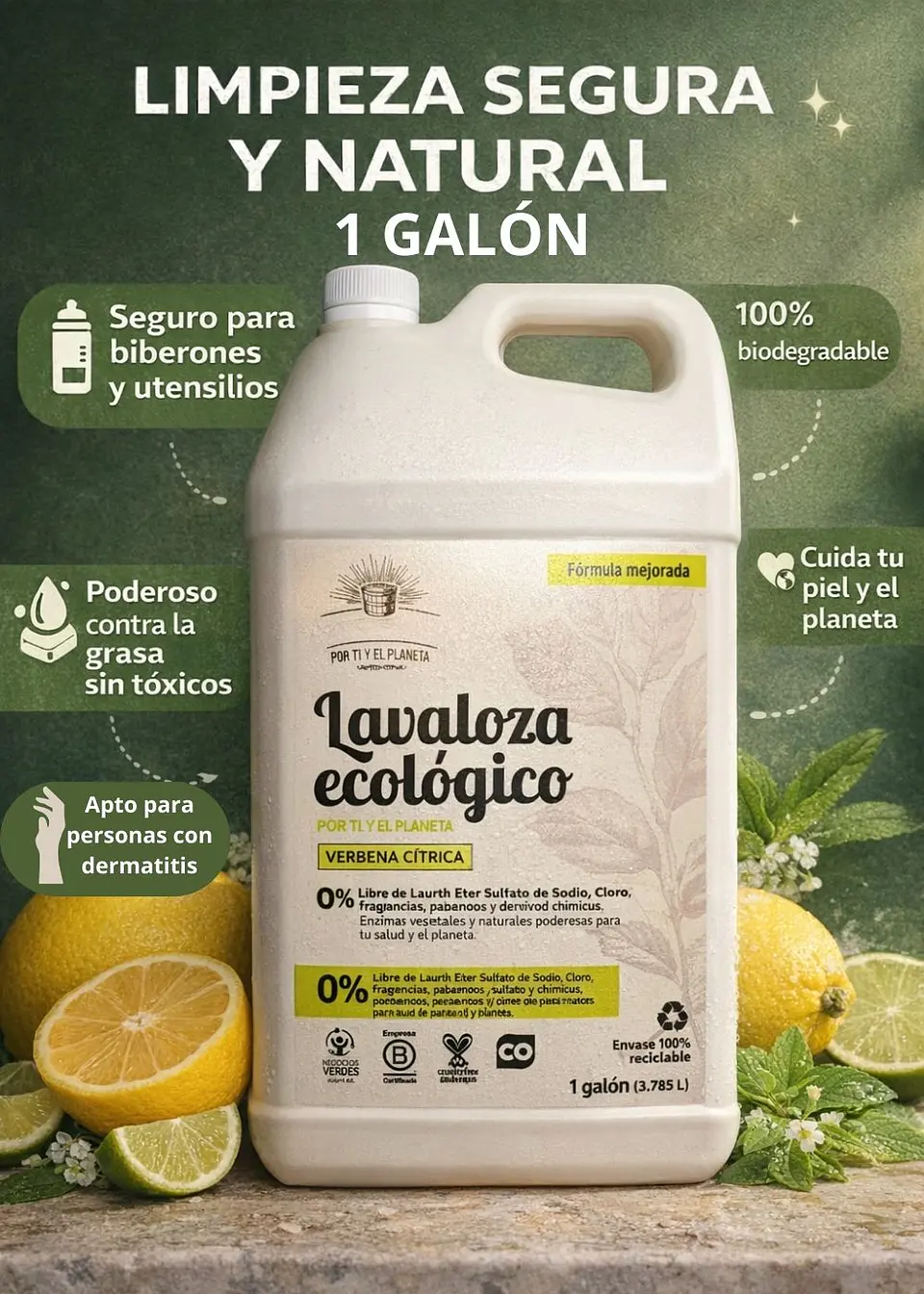 Lavaloza Ecológico Verbena Cítrica 1 Galón (3,785 L)  $24 por ml | Mayor Ahorro y Rendimiento | Seguro para Biberones | Anti-grasa | 100% Biodegradable 2