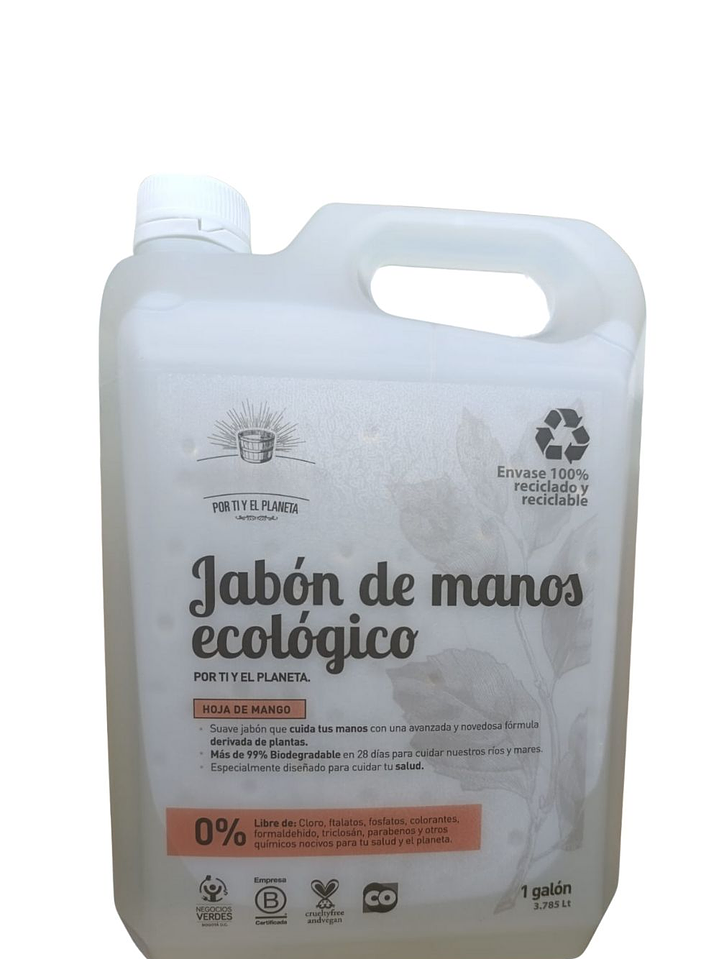 Jabón de Manos Ecológico Hoja de Mango 1 Galón | Mayor Ahorro y Rendimiento $23 por ml | Limpieza Suave e Hidratante | pH Neutro | 100% Biodegradable | Vegano y Libre de Químicos Tóxicos 1