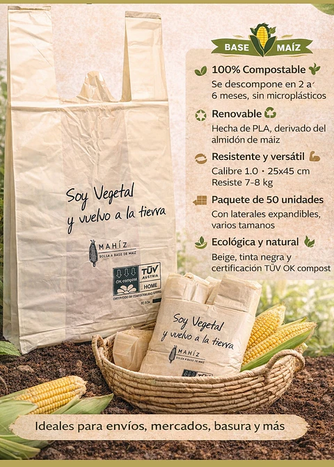 Mahíz Bolsa Ecológica Compostable M30 28 × 50 + 7,5 cm | Tipo Camiseta con Agarraderas | Resistencia 8 kg | Paquete x 50 Unidades