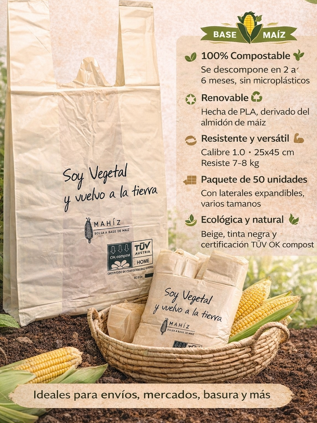 Bolsas Cargaderas de Maíz Compostables x50 | Biodegradables, Resistentes y Sin Microplásticos |Aptas para contacto indirecto con alimentos 3