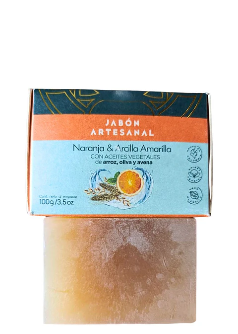 Jabón Natural Artesanal de Naranja y Arcilla Amarilla | Hidratante, calmante y purificante | Ideal para pieles sensibles | Facial y corporal 100g
