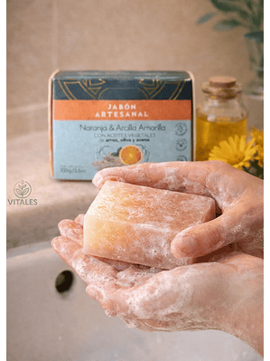 Jabón Natural Artesanal de Naranja y Arcilla Amarilla | Hidratante, calmante y purificante | Ideal para pieles sensibles | Facial y corporal 100g