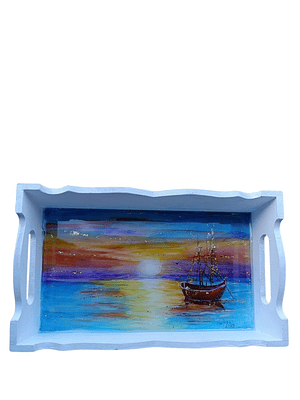 Bandeja Artesanal  EL BARCO de Madera Pintada a Mano con Resina Brillante |  Diseños Únicos y Personalizados | Durabilidad y Reutilización Consciente