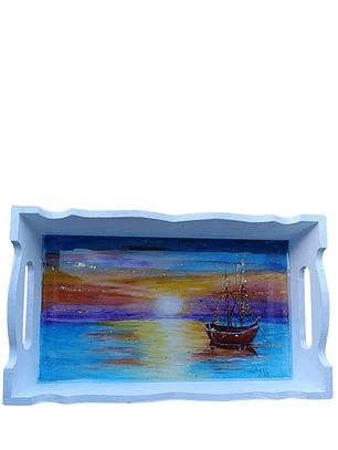 Bandeja Artesanal  EL BARCO de Madera Pintada a Mano con Resina Brillante |  Diseños Únicos y Personalizados | Durabilidad y Reutilización Consciente