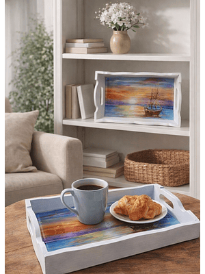 Bandeja Artesanal  EL BARCO de Madera Pintada a Mano con Resina Brillante |  Diseños Únicos y Personalizados | Durabilidad y Reutilización Consciente