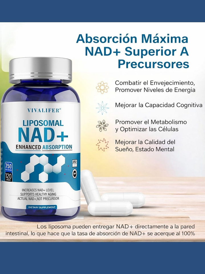 NAD+ Liposomal 750 mg 120 cápsulas | Absorción Máxima | Energía Celular, Antienvejecimiento y Metabolismo Activo | Colombia 2