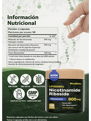 NAD+ Liposomal WindBoss 900 mg 100 caps | Nicotinamida Ribósido + Resveratrol y Quercetina | Energía Celular y Antienvejecimiento  | Colombia