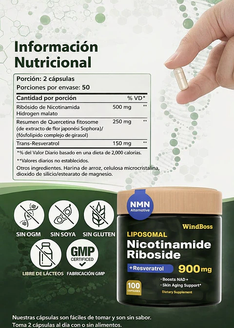 NAD+ Liposomal WindBoss 900 mg 100 caps | Nicotinamida Ribósido + Resveratrol y Quercetina | Energía Celular y Antienvejecimiento  | Colombia