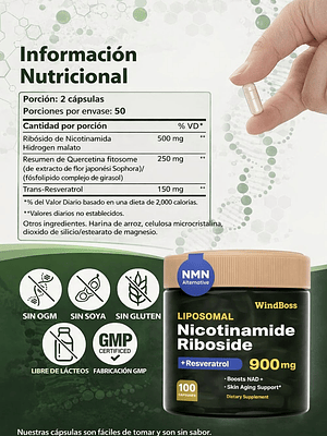 NAD+ Liposomal WindBoss 900 mg 100 caps | Nicotinamida Ribósido + Resveratrol y Quercetina | Energía Celular y Antienvejecimiento  | Colombia
