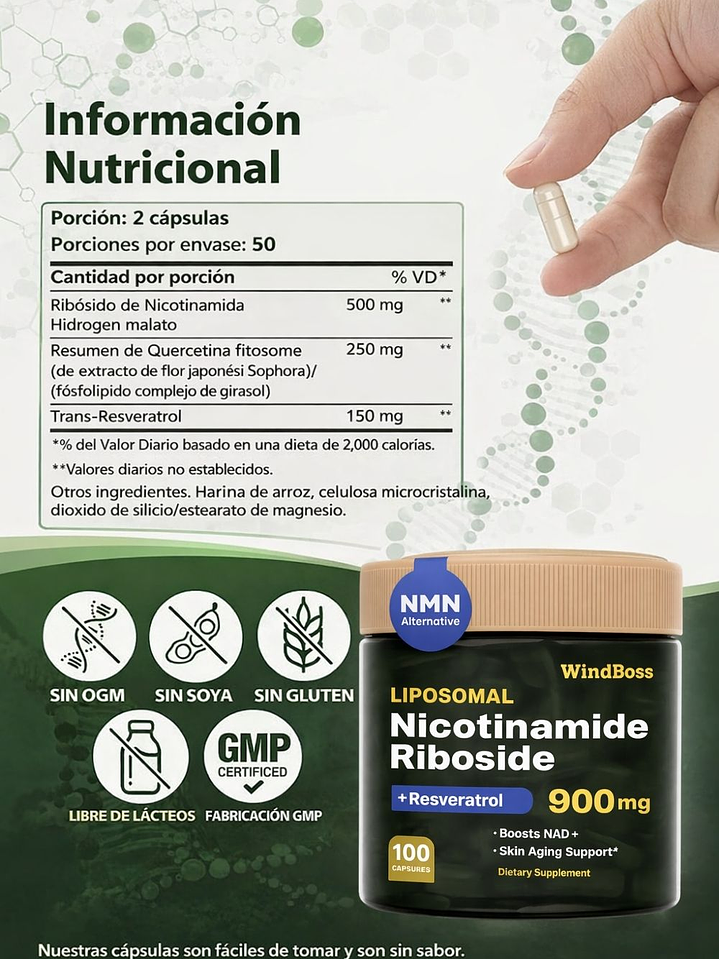 NAD+ Liposomal WindBoss 900 mg 100 caps | Nicotinamida Ribósido + Resveratrol y Quercetina | Energía Celular y Antienvejecimiento  | Colombia 2
