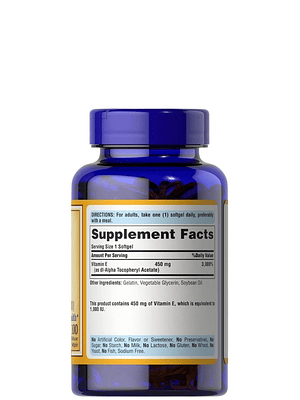 Vitamina E 450 mg Puritan’s Pride® | Antioxidante Celular | Soporte para la Protección Oxidativa | 100 Cápsulas | Colombia