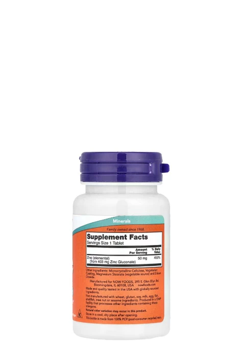 Zinc 50 mg NOW Foods® | Soporte Inmunológico y Antioxidante | 100 Tabletas | Alta Potencia | Colombia