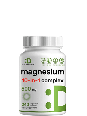 Complejo de Magnesio 500 mg Deal Supplements® | 10 en 1 | 240 Cápsulas Vegetales | Soporte Muscular, Nervioso y Energético | Colombia