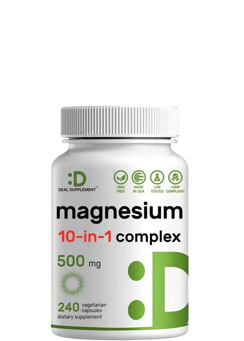Complejo de Magnesio 500 mg Deal Supplements® | 10 en 1 | 240 Cápsulas Vegetales | Soporte Muscular, Nervioso y Energético | Colombia
