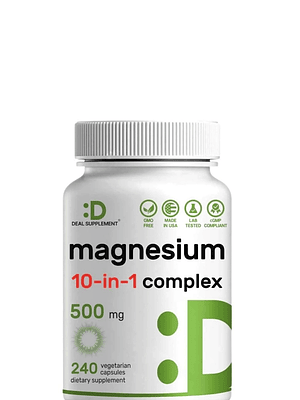 Complejo de Magnesio 500 mg Deal Supplements® | 10 en 1 | 240 Cápsulas Vegetales | Soporte Muscular, Nervioso y Energético | Colombia