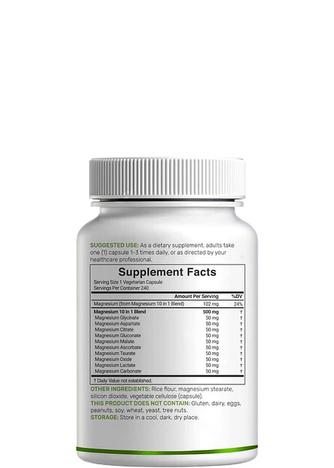 Complejo de Magnesio 500 mg Deal Supplements® | 10 en 1 | 240 Cápsulas Vegetales | Soporte Muscular, Nervioso y Energético | Colombia