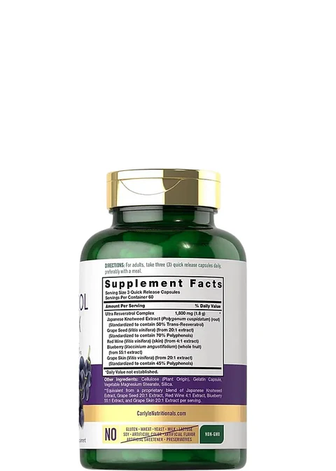 Resveratrol Carlyle 1800 mg x 180 Cápsulas | Antioxidante Potente | Sin Gluten ni OMG | Apoyo Anti-Edad y Cardiovascular | Colombia