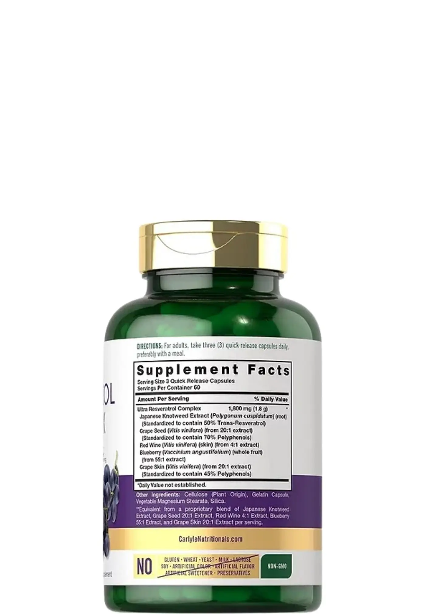 Resveratrol Carlyle 1800 mg x 180 Cápsulas | Antioxidante Potente | Sin Gluten ni OMG | Apoyo Anti-Edad y Cardiovascular | Colombia 2