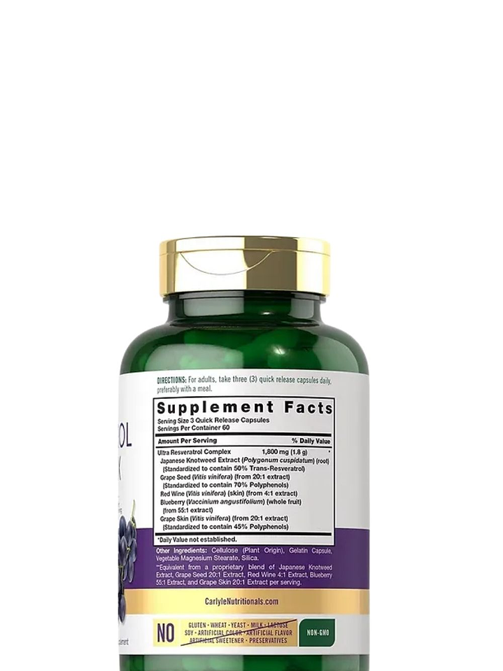 Resveratrol Carlyle 1800 mg x 180 Cápsulas | Antioxidante Potente | Sin Gluten ni OMG | Apoyo Anti-Edad y Cardiovascular | Colombia 2