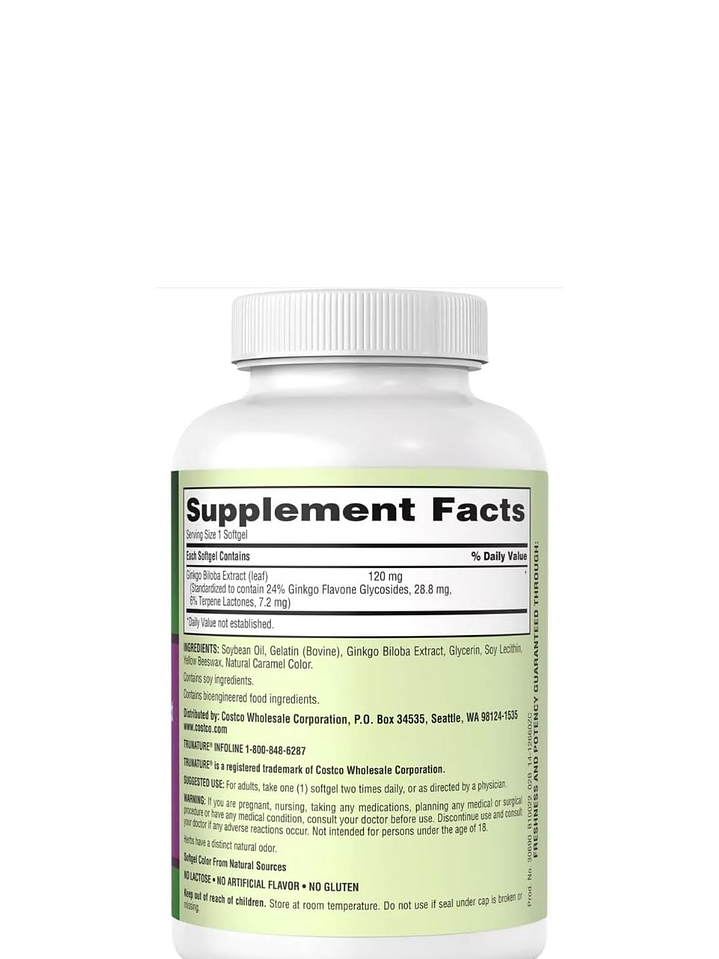 Trunature Ginkgo Biloba 120 mg x 340 Softgels | Memoria, Concentración y Circulación Cerebral | Extracto Estandarizado | Colombia 2