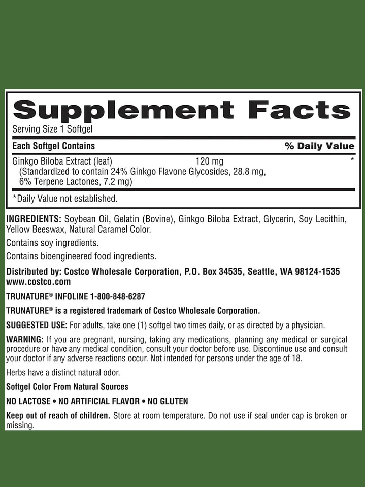 Trunature Ginkgo Biloba 120 mg x 340 Softgels | Memoria, Concentración y Circulación Cerebral | Extracto Estandarizado | Colombia 3