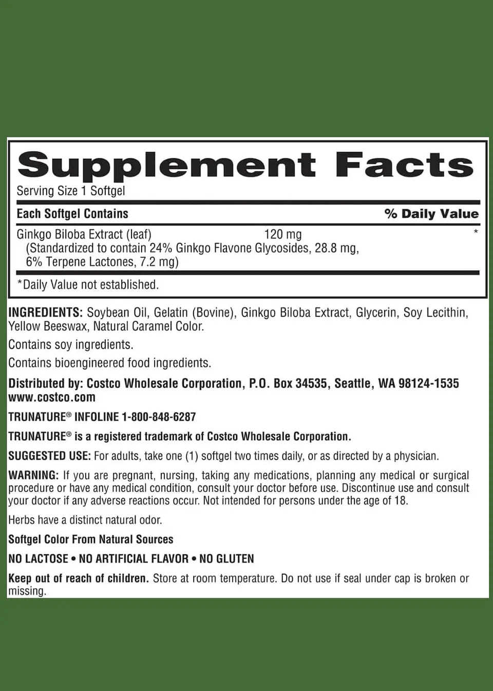 Trunature Ginkgo Biloba 120 mg x 340 Softgels | Memoria, Concentración y Circulación Cerebral | Extracto Estandarizado | Colombia 3