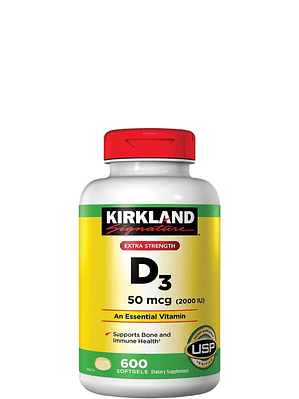 Kirkland Signature Extra Strength Vitamina D3 50 mcg (2000 IU) x 600 Cápsulas Blandas | Alta Potencia para Huesos, Inmunidad y Bienestar Diario | Colombia