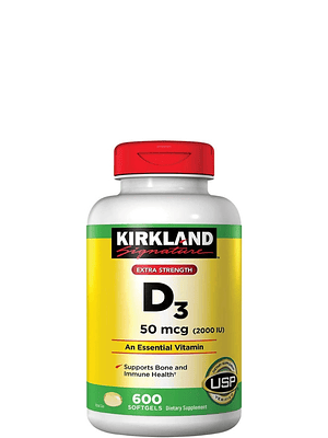 Kirkland Signature Extra Strength Vitamina D3 50 mcg (2000 IU) x 600 Cápsulas Blandas | Alta Potencia para Huesos, Inmunidad y Bienestar Diario | Colombia