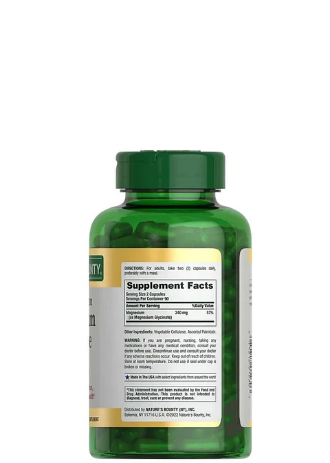 Nature’s Bounty Glicinato de Magnesio 240 mg – 180 Cápsulas | Alta Absorción, Músculos & Sueño Reparador | Colombia