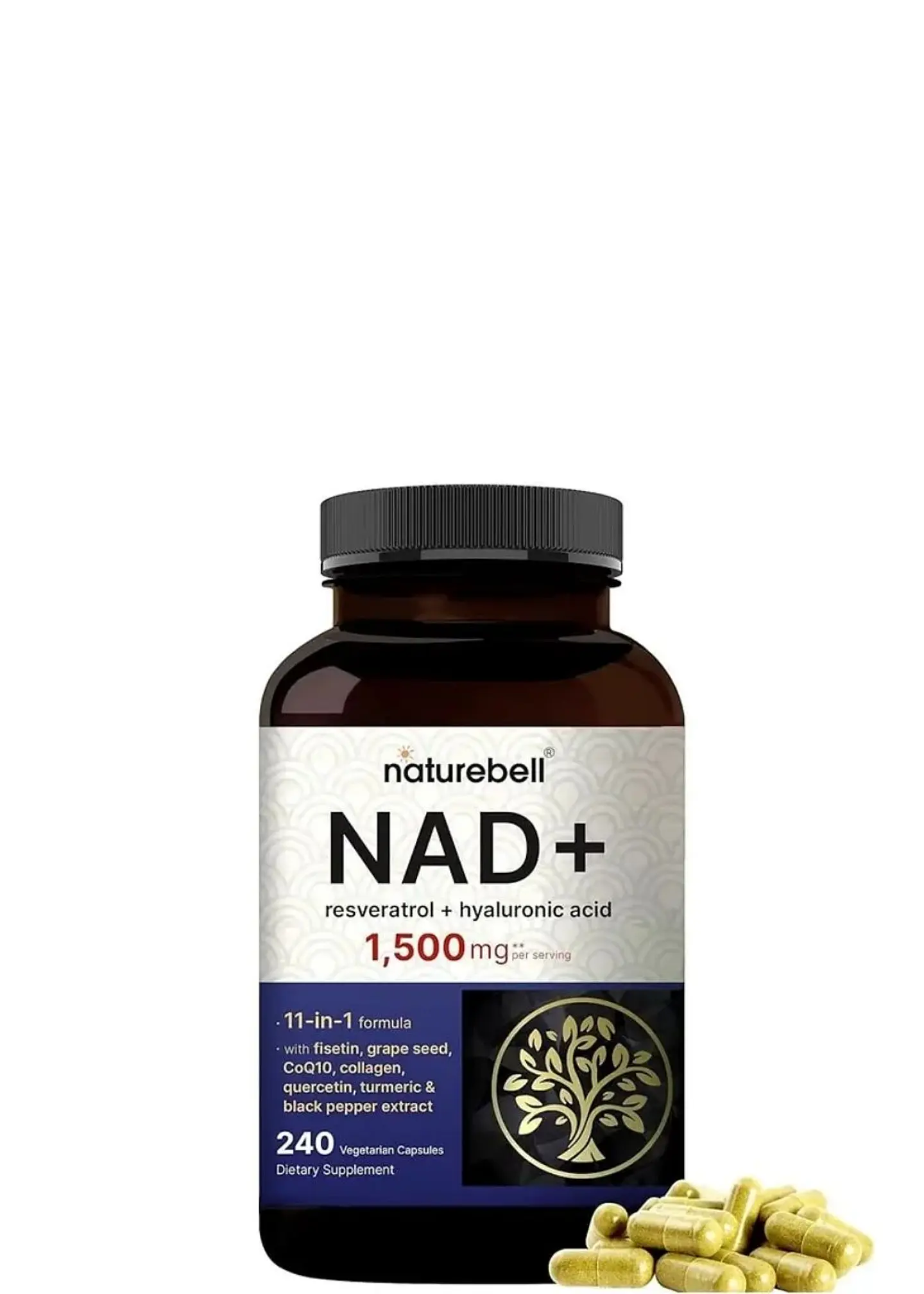 Naturalbell NAD+ 1500 mg 240 cápsulas | Con Resveratrol, Ácido Hialurónico, Quercetina, Fisetina, Colágeno, CoQ10 y Cúrcuma | Colombia 1