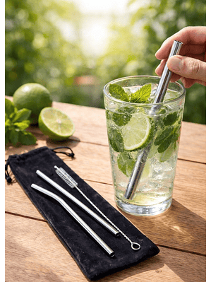 Kit Pitillos Metálicos Reutilizables x3 con Bolsa | Acero Inoxidable 18/8 | Alternativa Ecológica sin Microplásticos