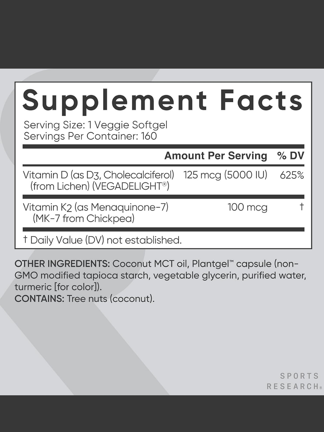 Vitamina D3 + K2 Sports Research 5000 IU D3 Vegetal + 100 mcg MK-7 | Vegana, Sin OGM | 160 Cápsulas Blandas Líquidas  |  Colombia 3