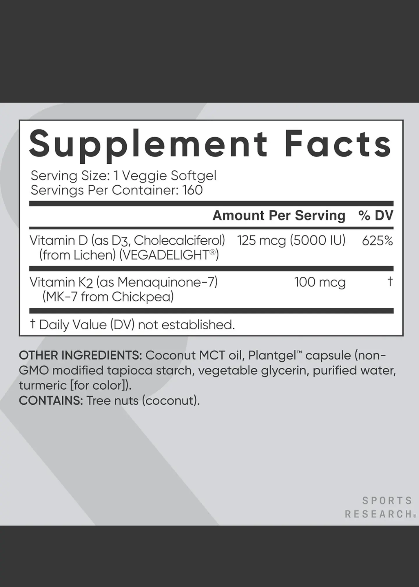 Vitamina D3 + K2 Sports Research 5000 IU D3 Vegetal + 100 mcg MK-7 | Vegana, Sin OGM | 160 Cápsulas Blandas Líquidas  |  Colombia 3