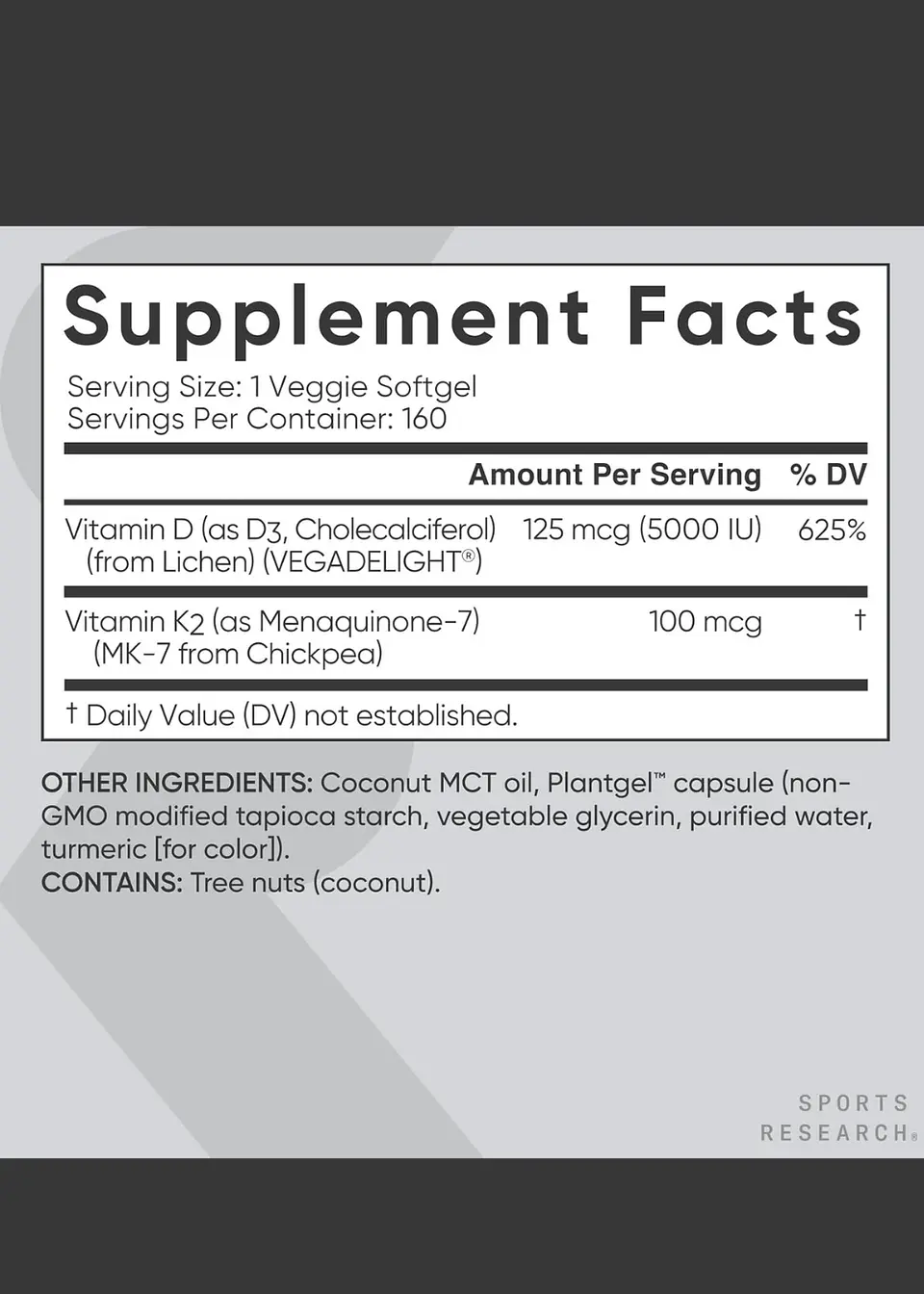 Vitamina D3 + K2 Sports Research 5000 IU D3 Vegetal + 100 mcg MK-7 | Vegana, Sin OGM | 160 Cápsulas Blandas Líquidas  |  Colombia 3