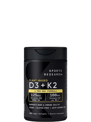 Vitamina D3 + K2 Sports Research 5000 IU D3 Vegetal + 100 mcg MK-7 | Vegana, Sin OGM | 160 Cápsulas Blandas Líquidas  |  Colombia
