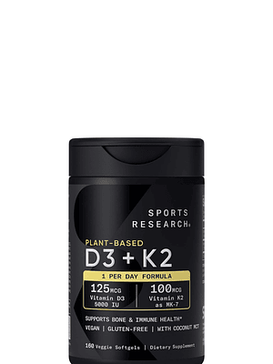 Vitamina D3 + K2 Sports Research 5000 IU D3 Vegetal + 100 mcg MK-7 | Vegana, Sin OGM | 160 Cápsulas Blandas Líquidas  |  Colombia